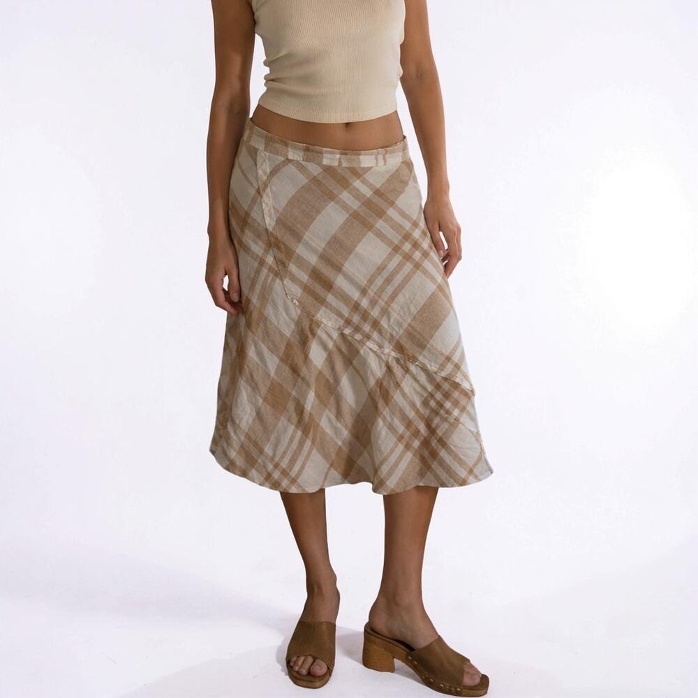 FLAX 100% Linen Beige & White Check Faux Wrap Skirt Medium